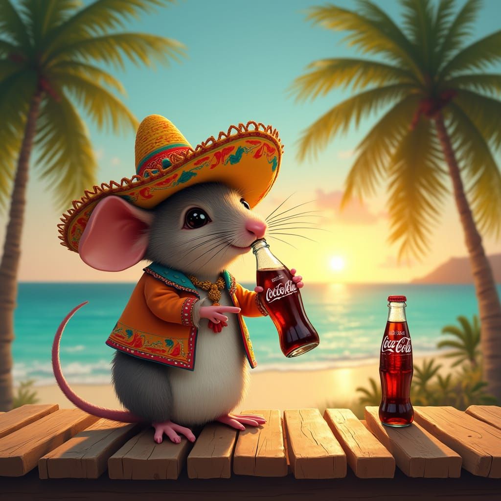 Mouse Sipping Coke in Sombrero, Hyperrealistic Style