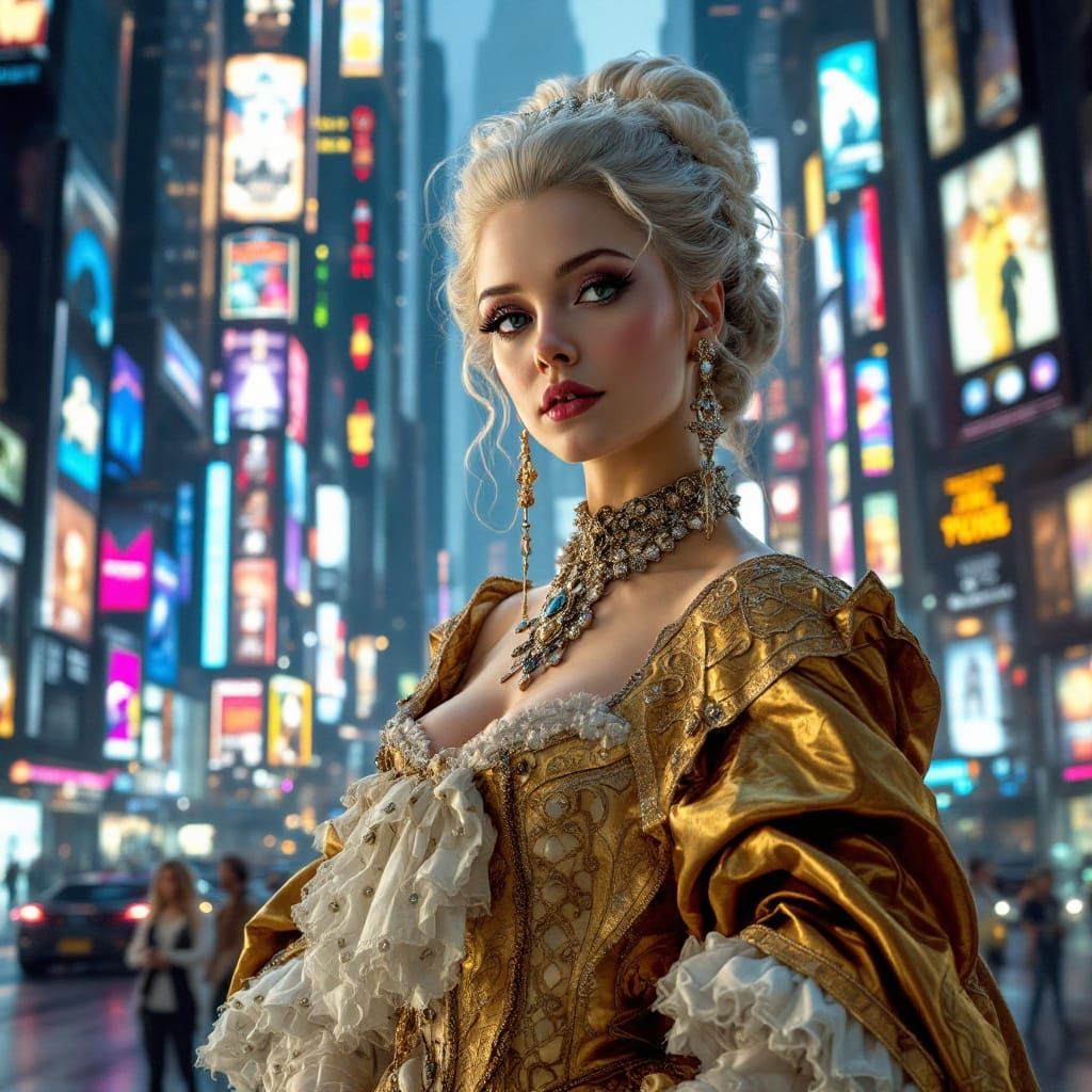 Marie Antoinette in a Futuristic Neon Cityscape