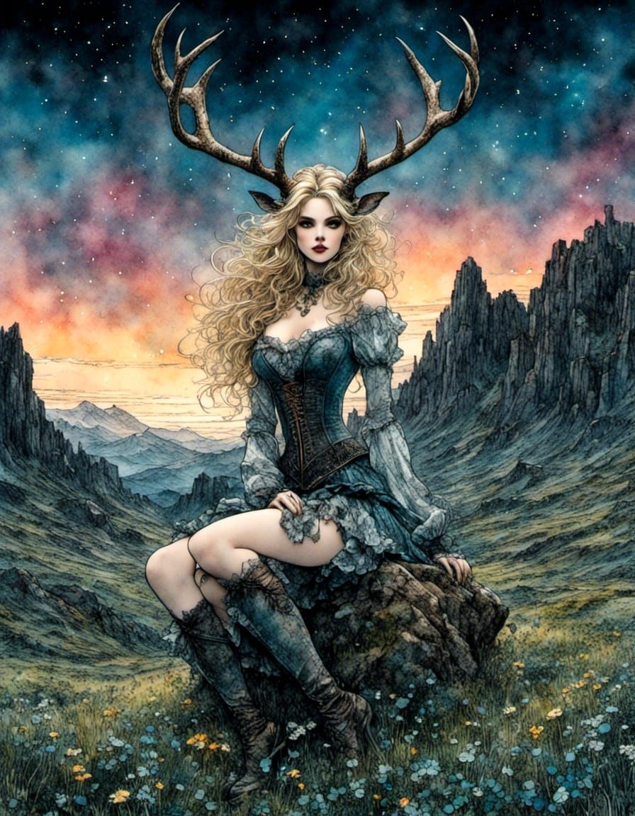 Moonlit Woman with Antlers in Bande Dessinée Style
