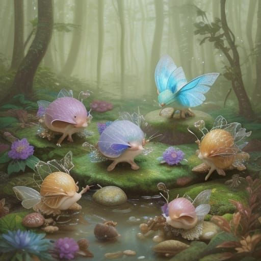 Hedgehog Fairy Baptizes Snails: Whimsical Oil Painting