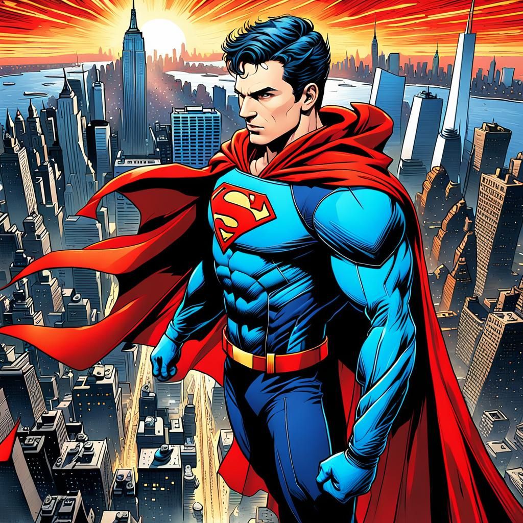 Young Superhero Overlooking New York City in Comic Book Styl...