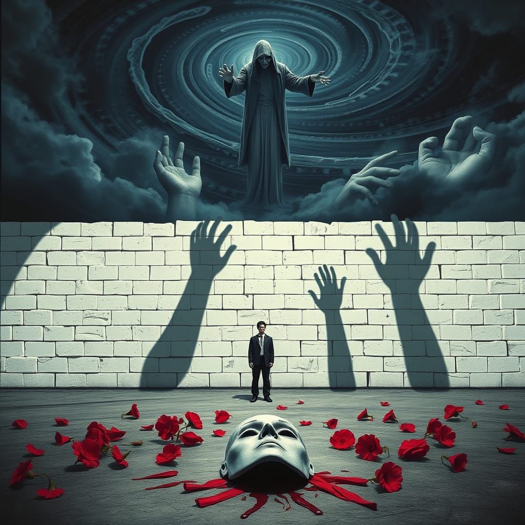 Surreal Brick Wall Confronts Lost Soul in Psychedelic Haze