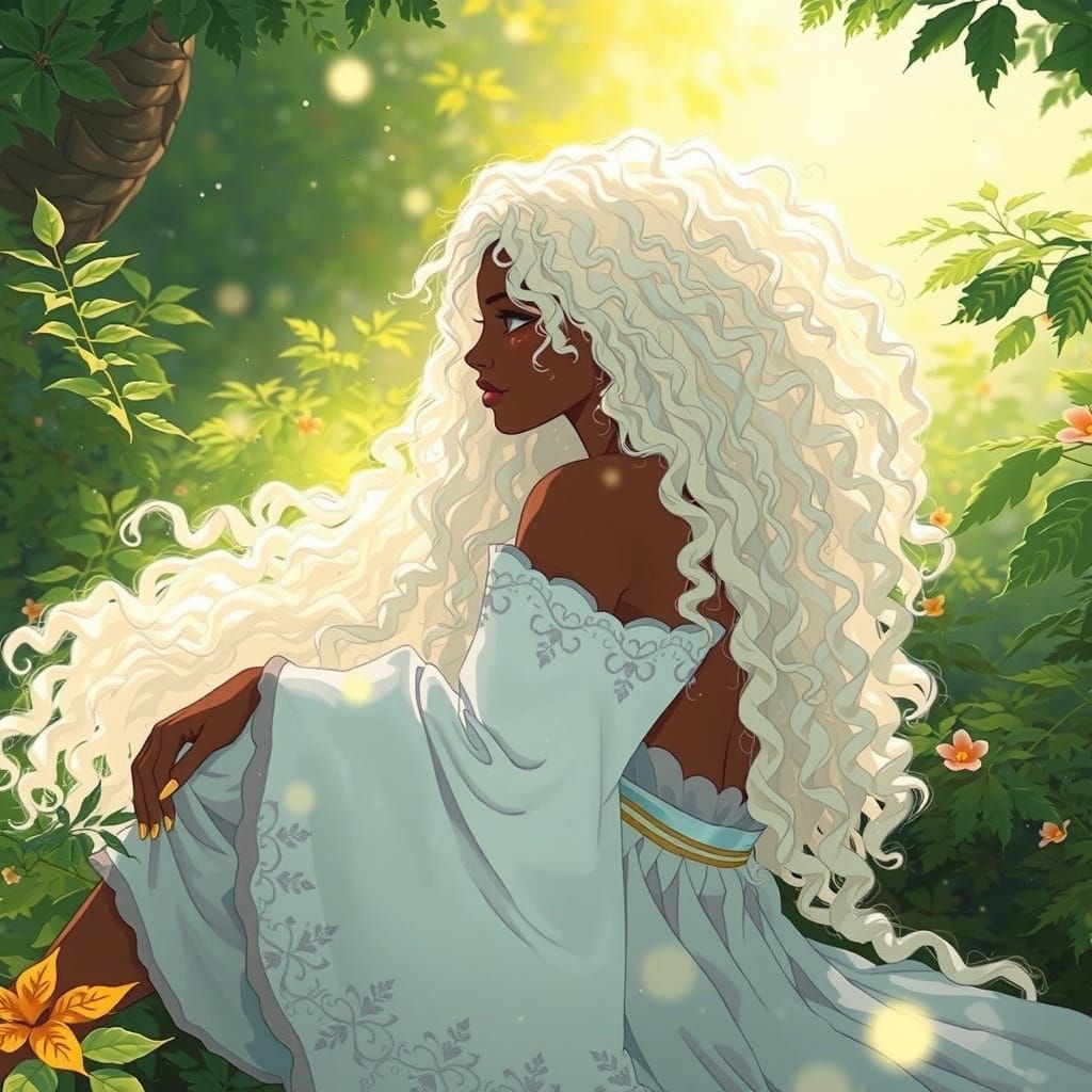 Enchanting Black Goddess Amidst Whimsical Nature
