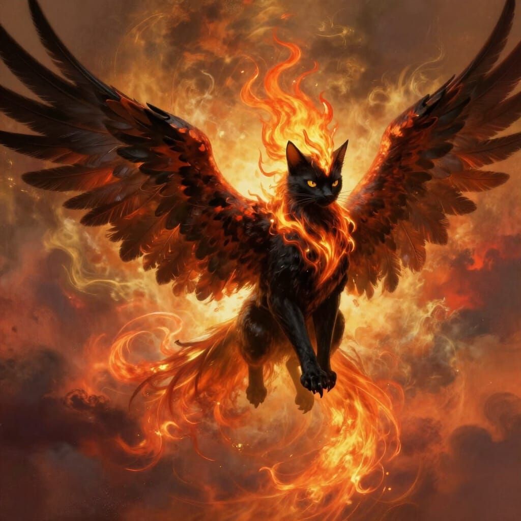 Majestic Cat-Eagle Hybrid with Fiery Phoenix Elements