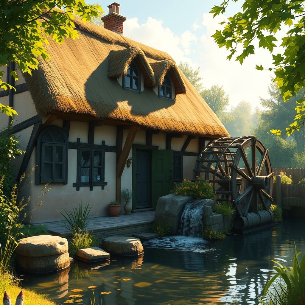 English Cottage Scene with Majestic Waterwheel