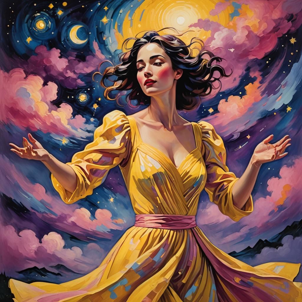 Woman Dancing Under Starry Night Sky in Fauvism Style