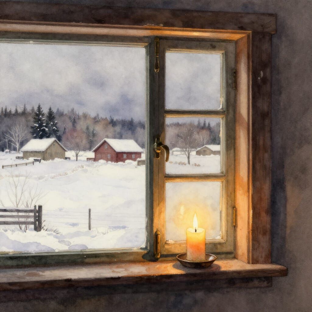 Cozy Candlelit Window Overlooking Snowy Landscape