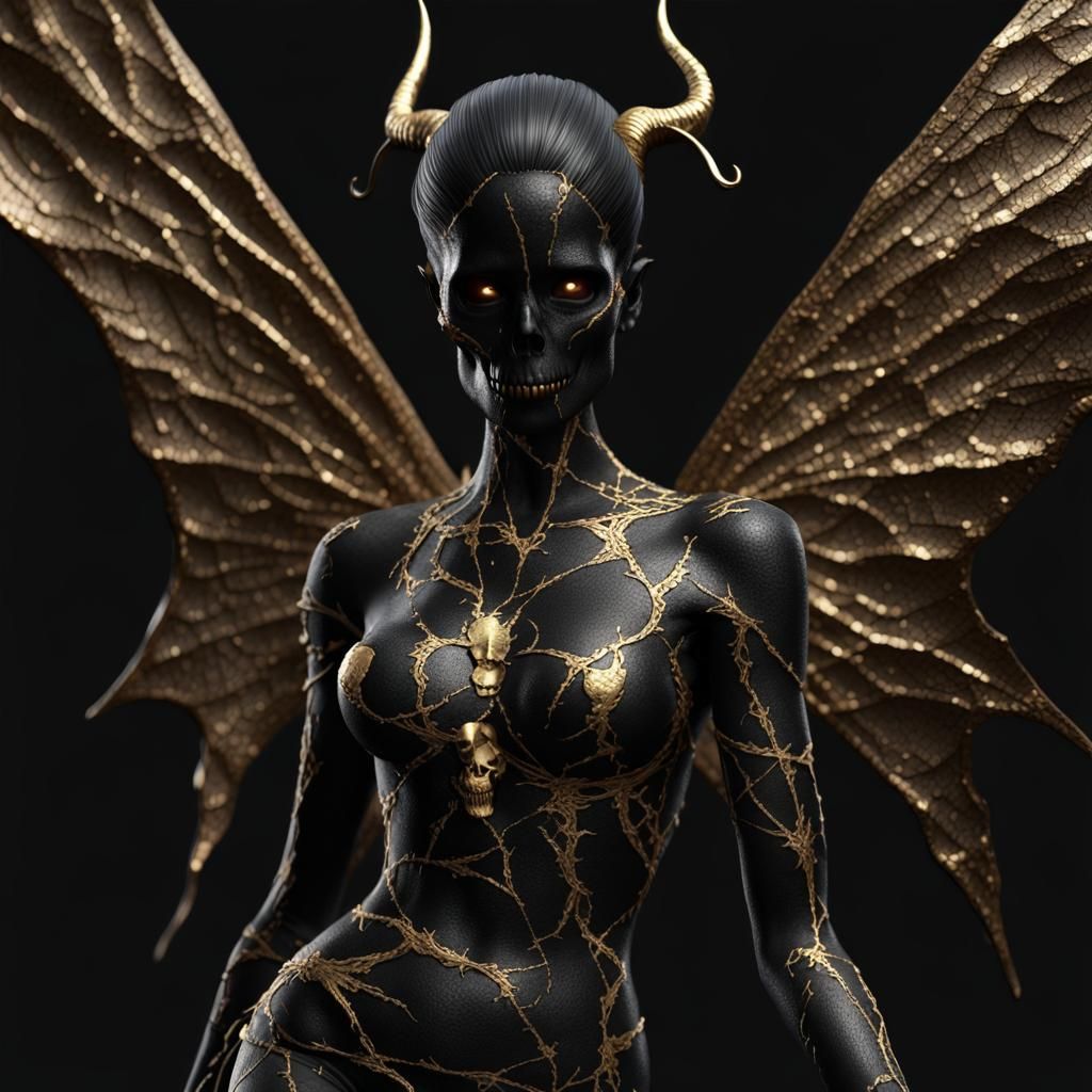 Elegant Dark Fairy Demon with Golden Kintsugi Cracks