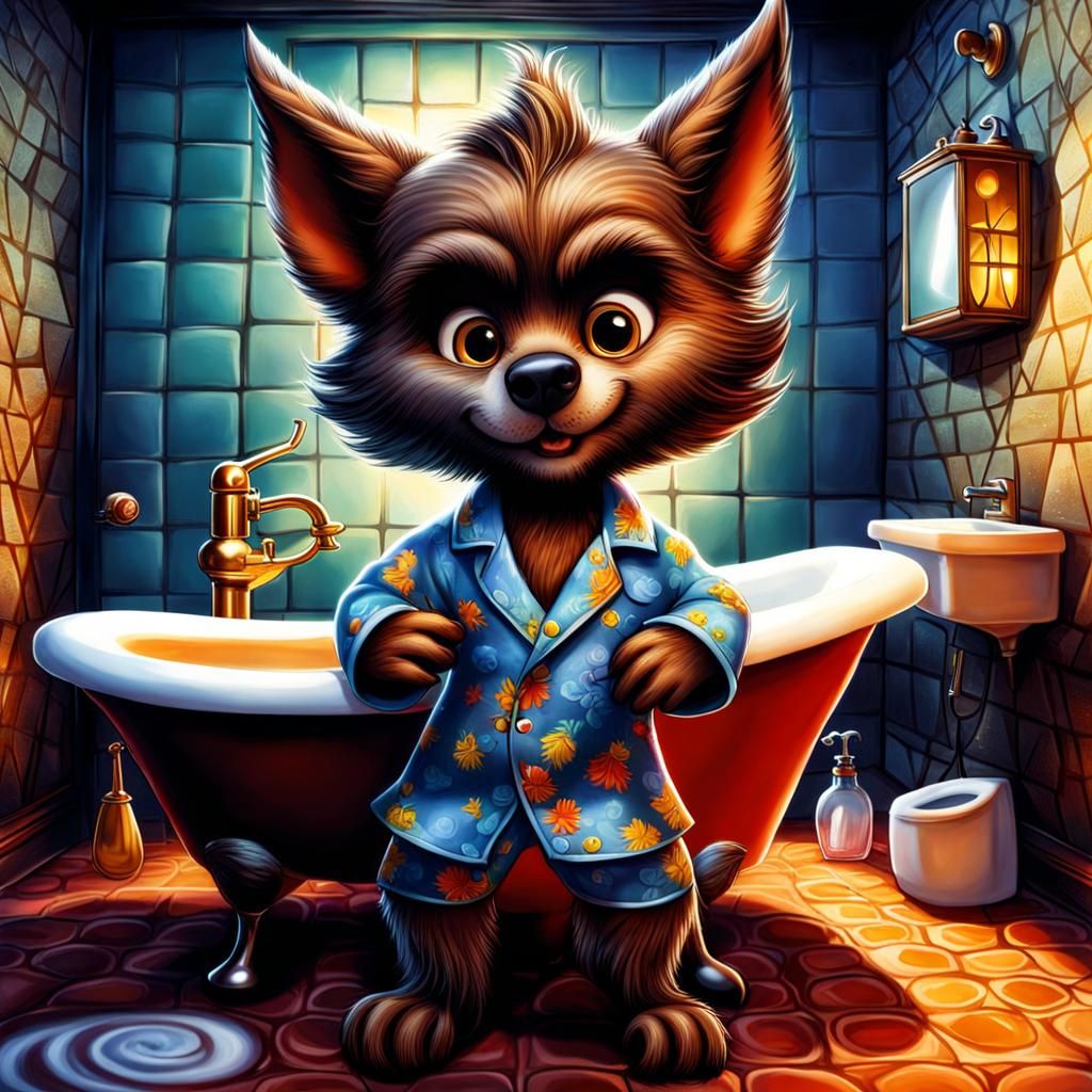 Chibi Werewolf Shaving: Surreal Digital Art