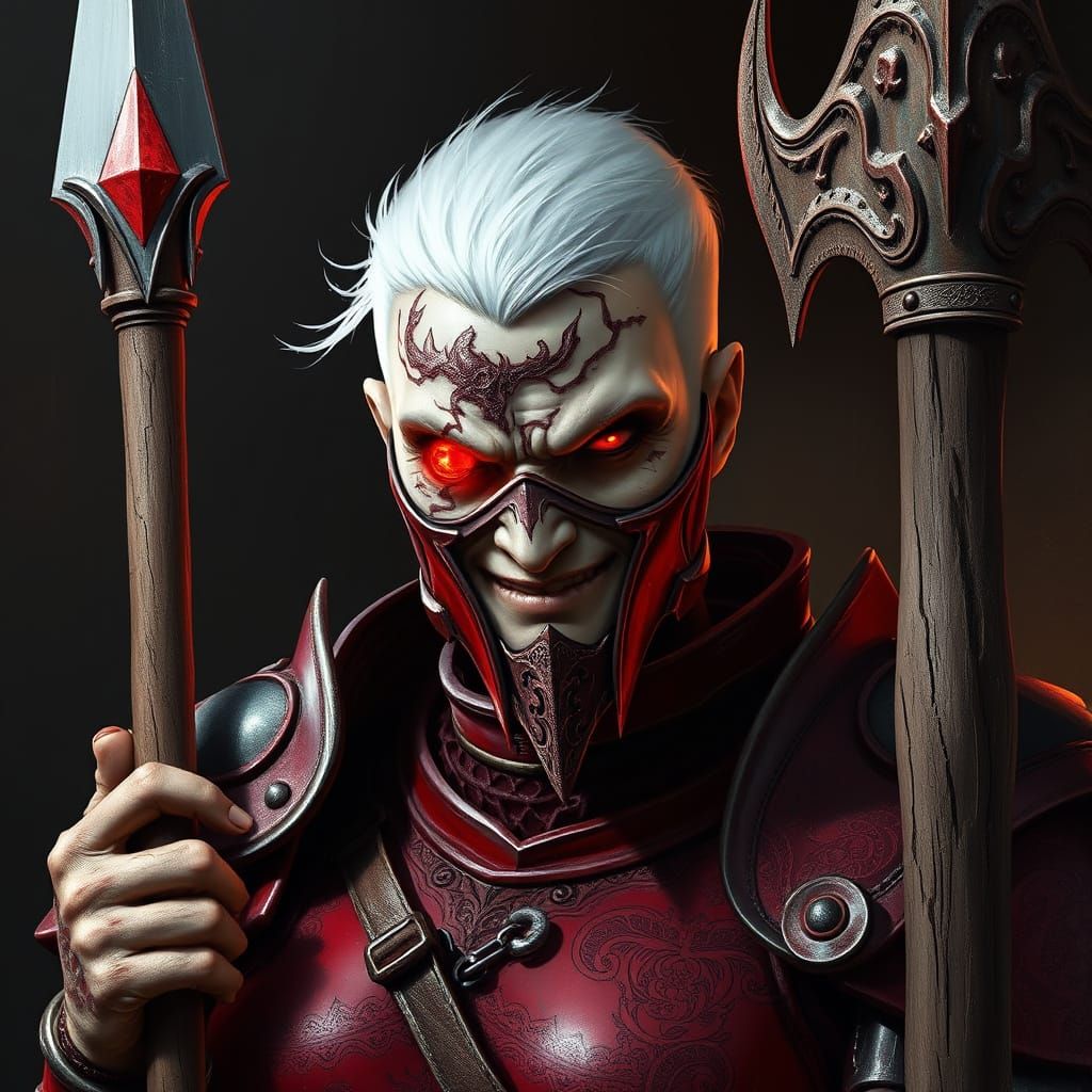 Dark Fantasy Warrior with Crimson Armor and Flaming Eye