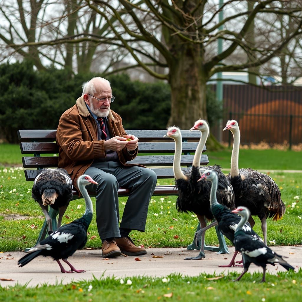 A Gentle Old Man Feeds Ostriches in the Park