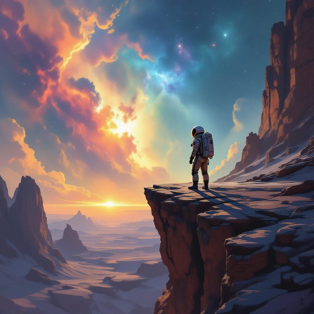 Astronaut Gazes at Alien Nebula From Rocky Precipice