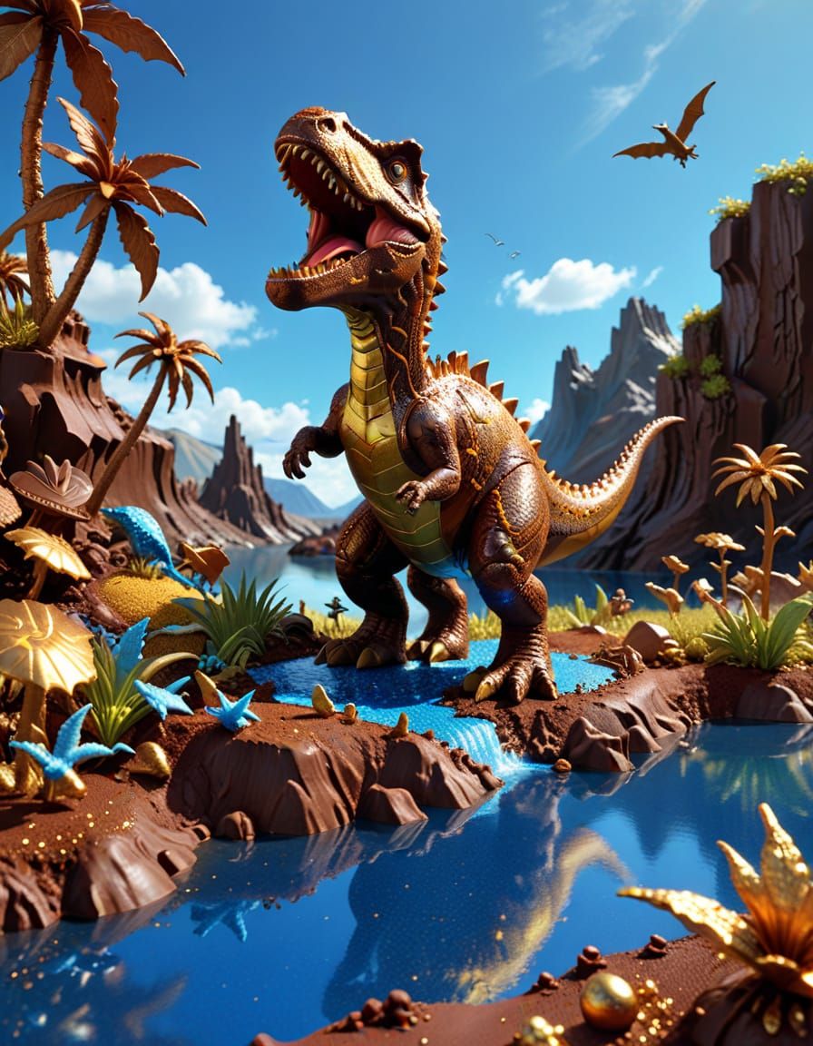 Chocolate Jurassic Period Landscape with Glittering Reptile
