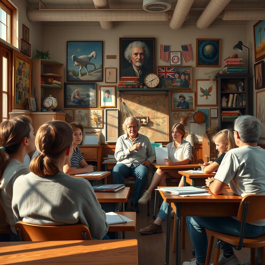 Art Students Gather in a Cozy, Photorealistic Classroom