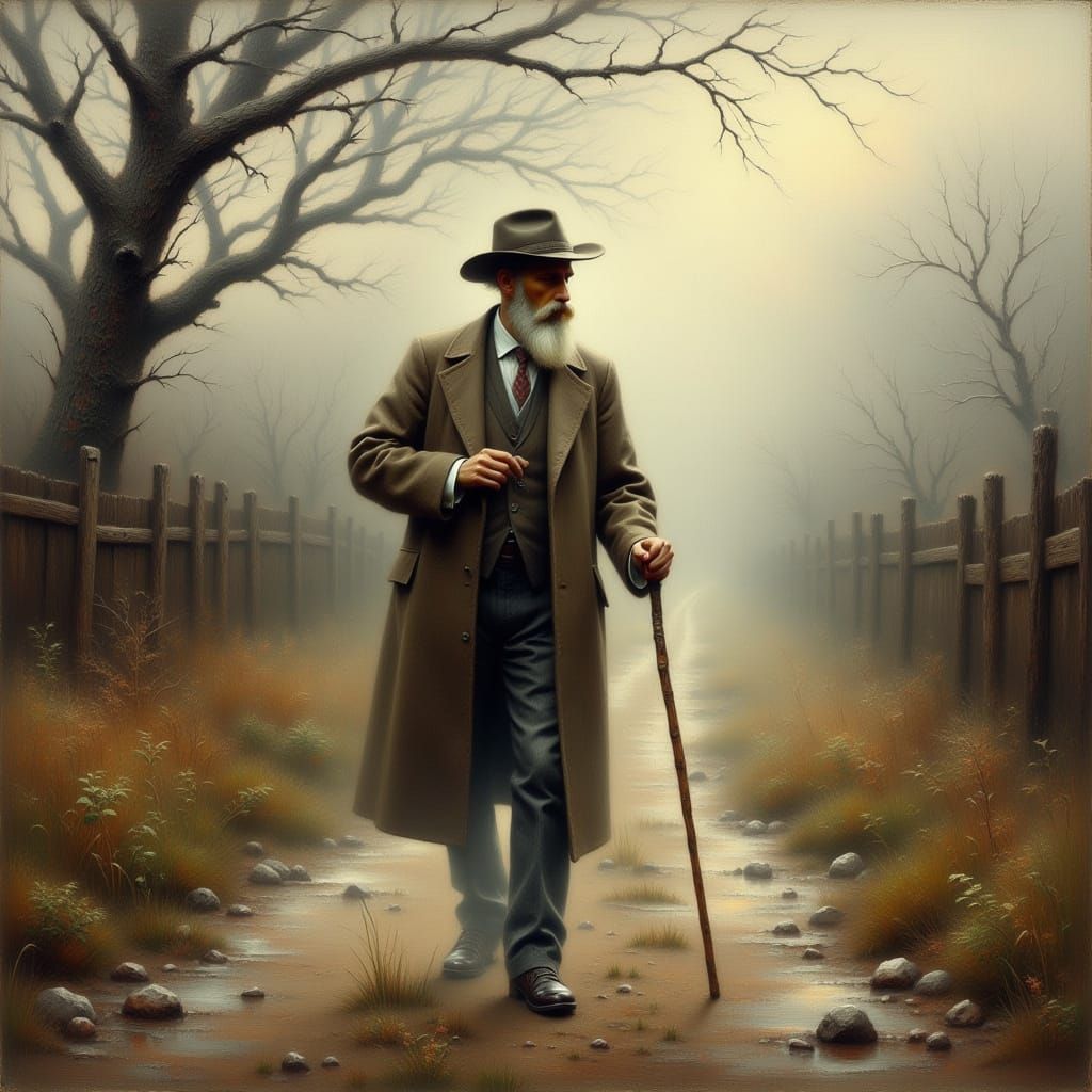 Old Man Walking with Cane in Golden Light