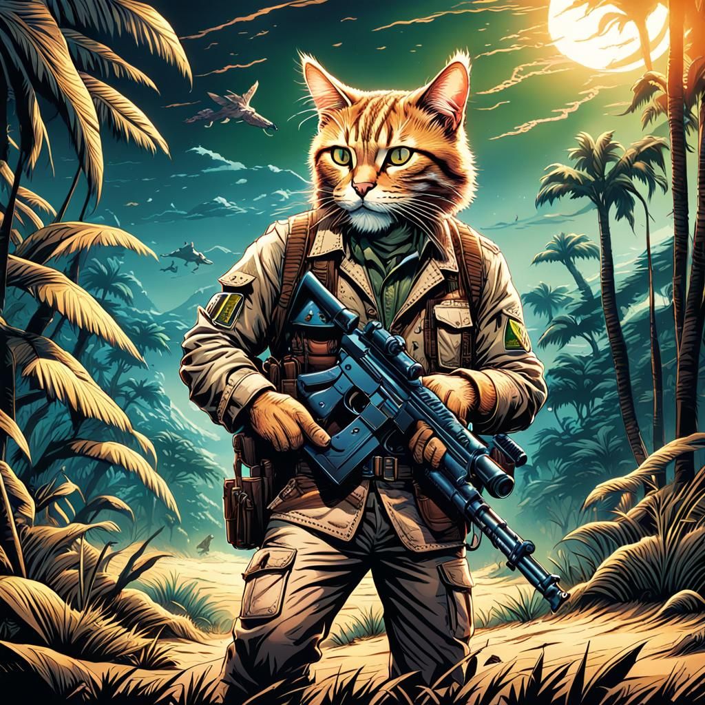 Cat Safari Hunter in Comic Book Style