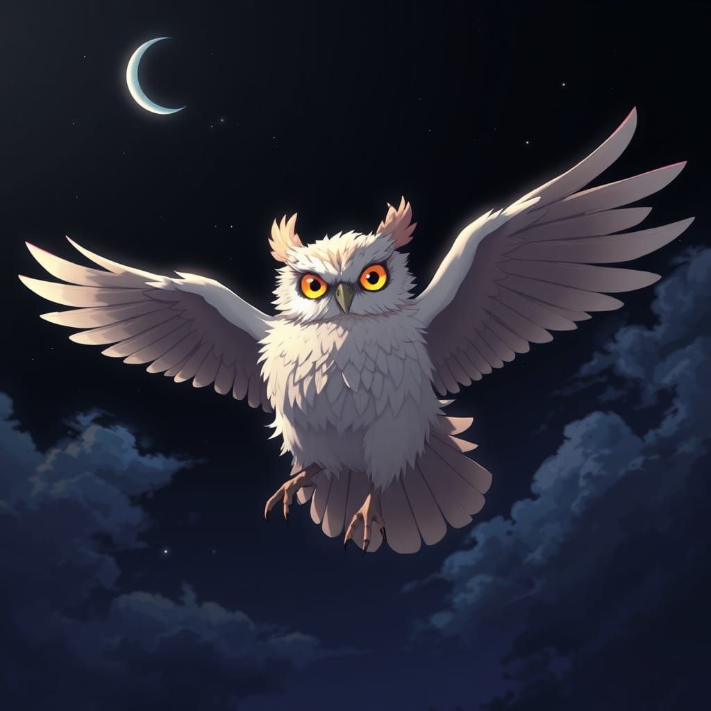 Majestic Anime Chicken Owl Soars Through Dark Night Sky