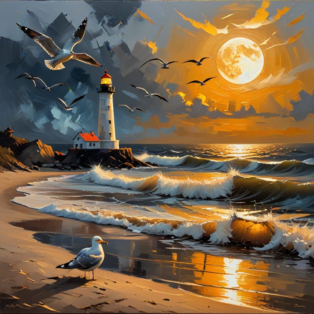 Lighthouse at Sunset: An Impressionistic Oil Painting