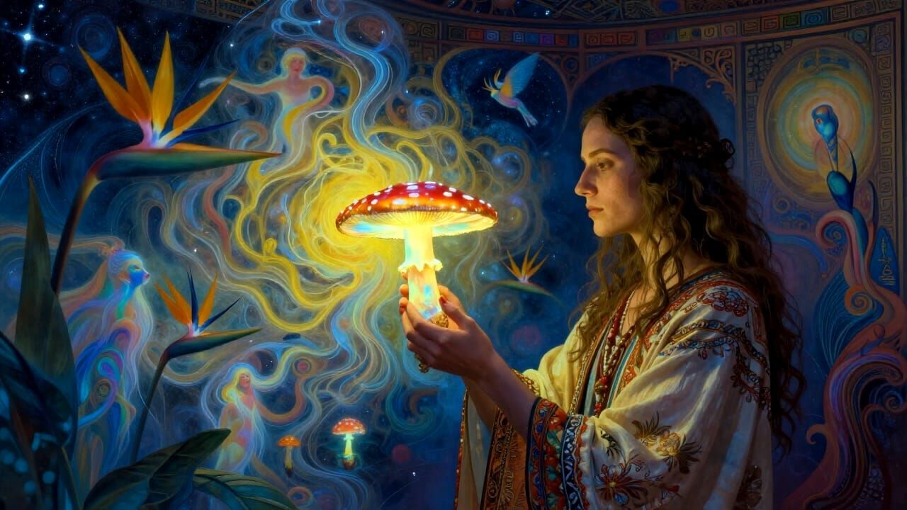Hippie with Glowing Mushroom in Cosmic Surrealist Room