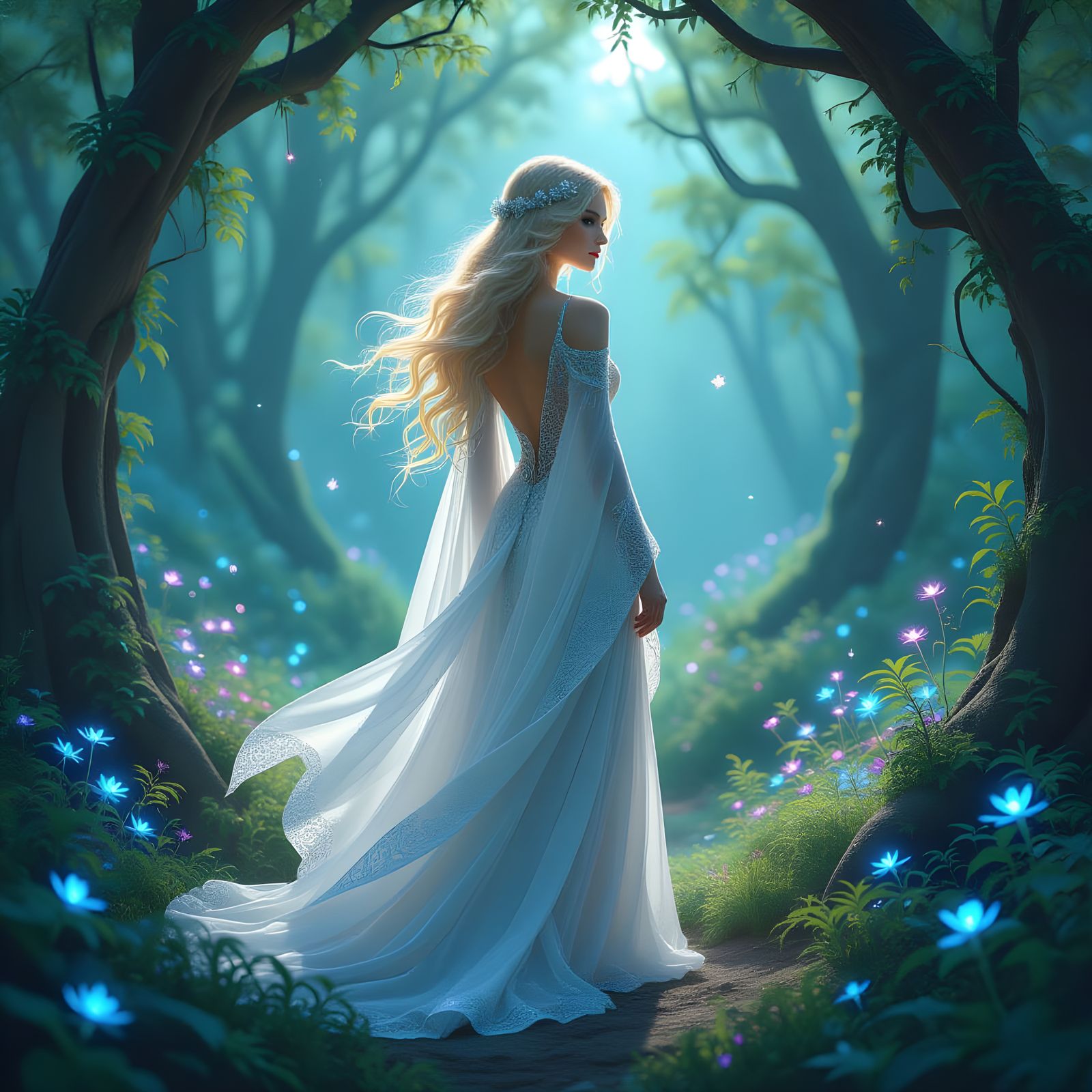 An ethereal goddess with hair like flowing stardust