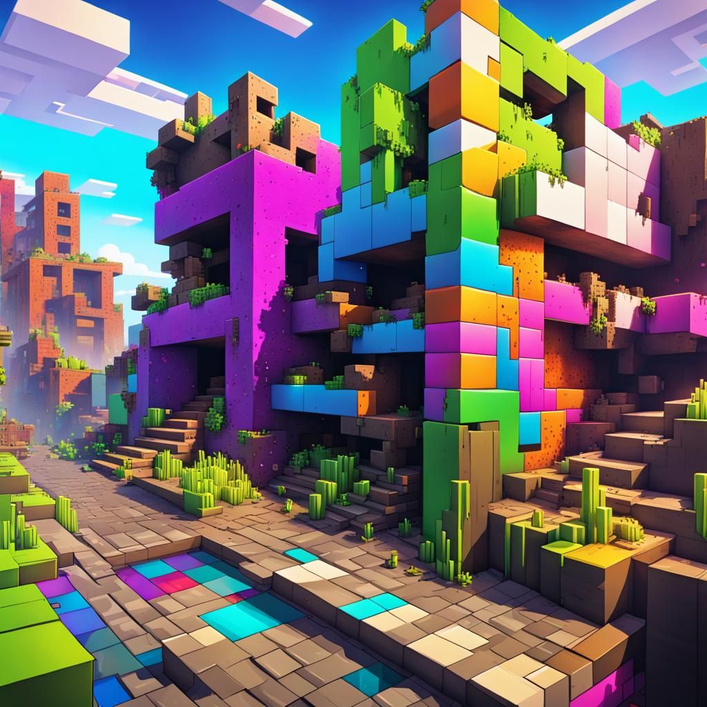 Cyberpunk Minecraft Town in Neon Graffiti Style