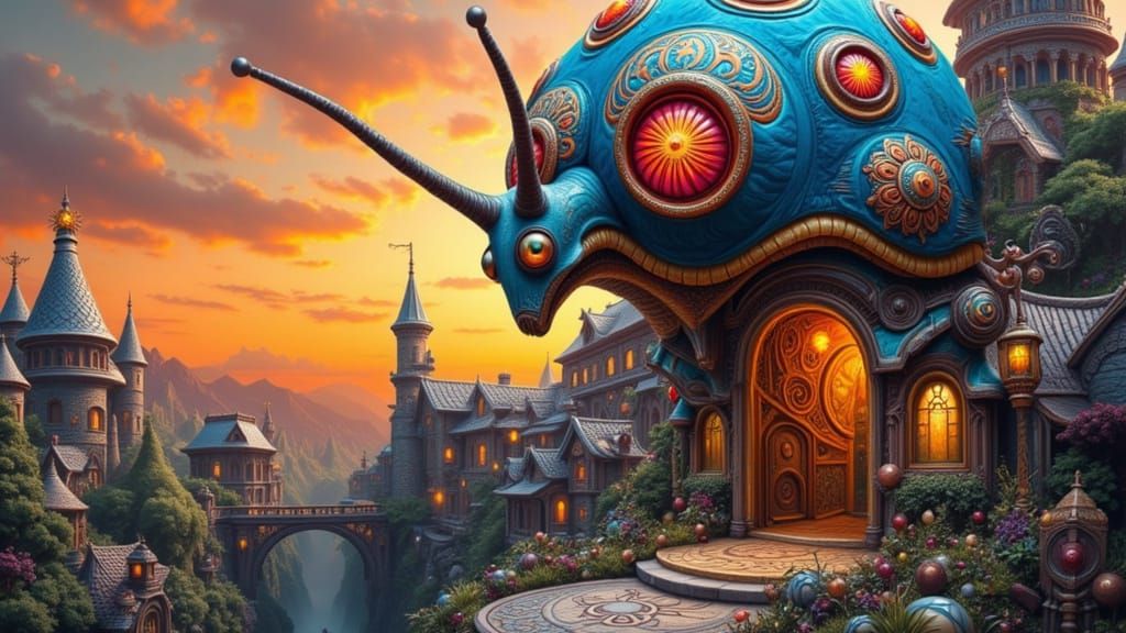 Vibrant Fantasy Girl-Snailia in Whimsical Village