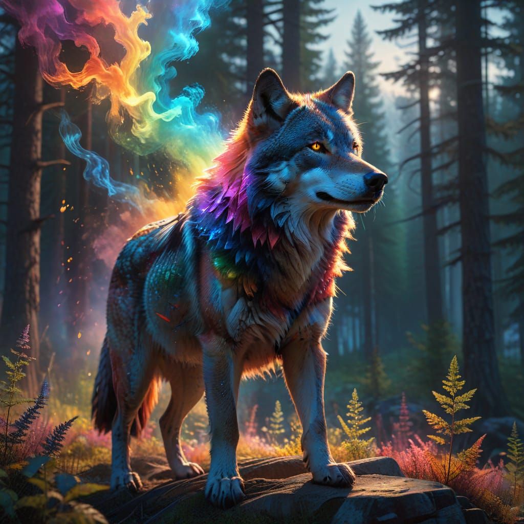 Wolf With Rainbow Aura in Canadian Wilderness Double Exposur...