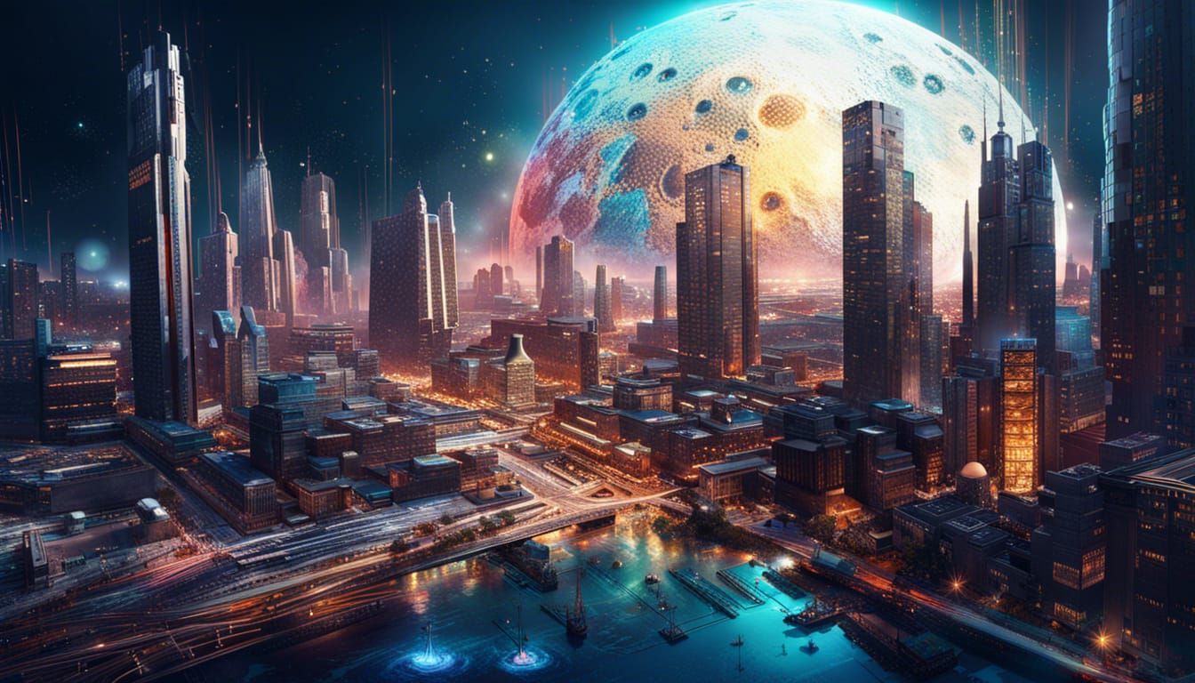 City on the moon Hyperrealistic, splash art, concept art, mid shot, intricately detailed, color depth, dramatic, 2/3 fac...