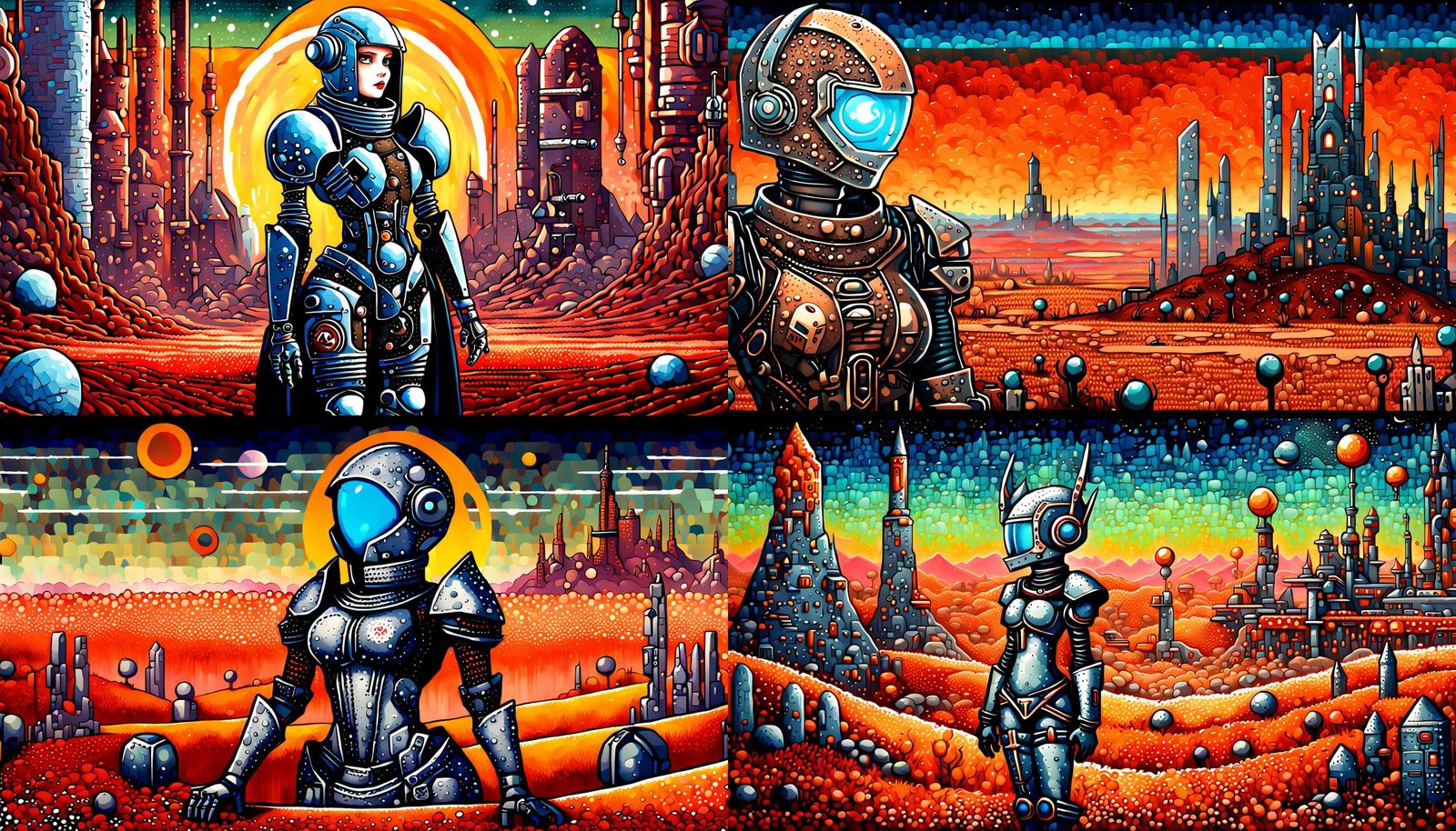 Cyberpunk Knight in Pointillist Martian Landscape