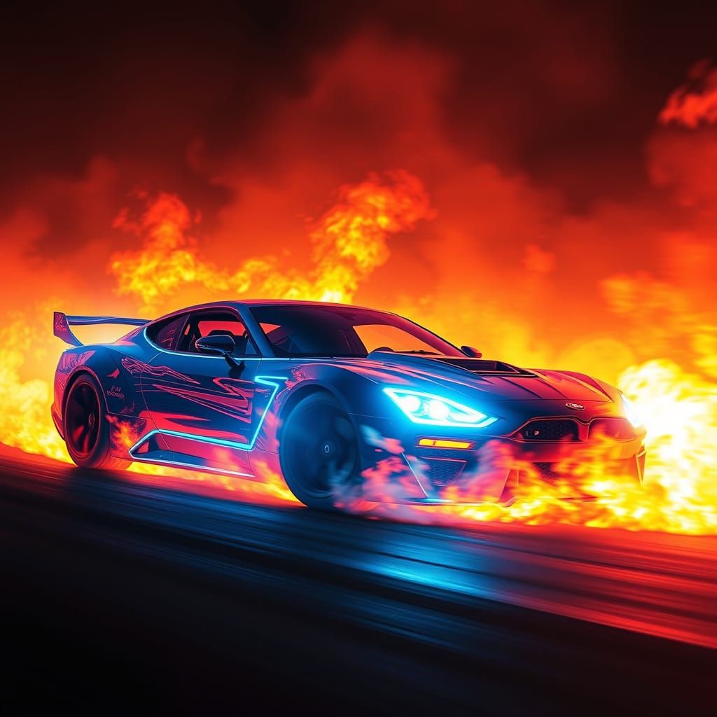 Neon Car Drifting Through Blazing Inferno