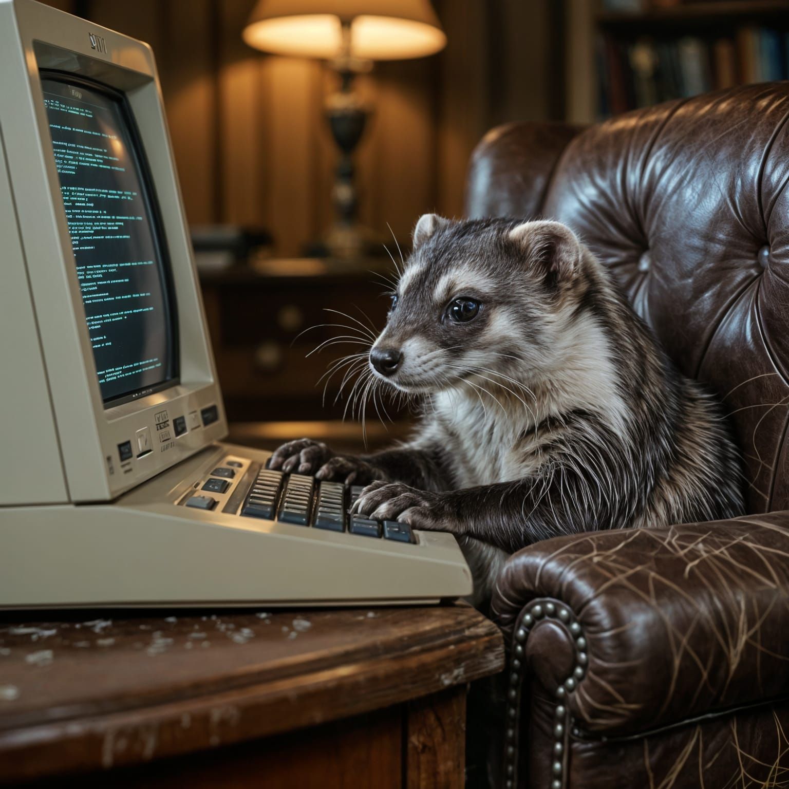 Weasel Working Intently at Computer in Cinematic Film Still