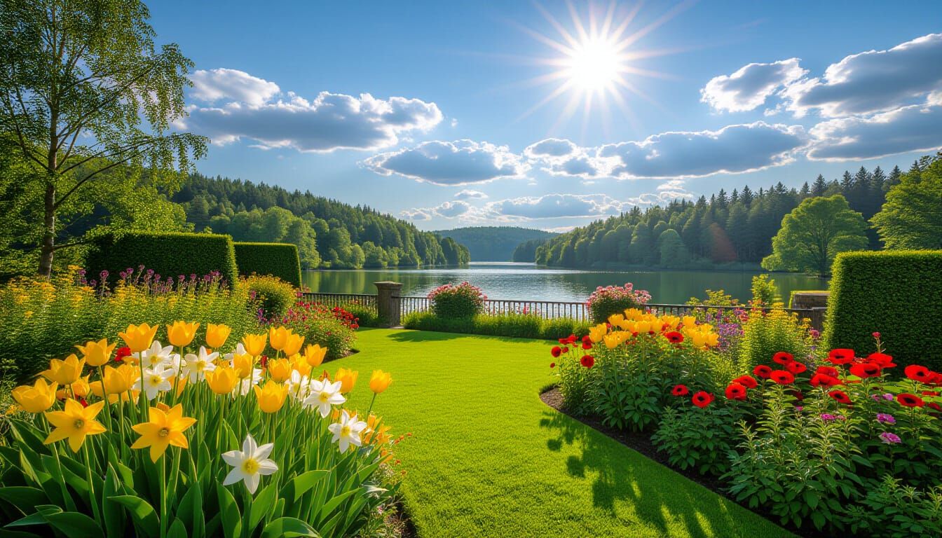 Summer Garden with Forest and River View