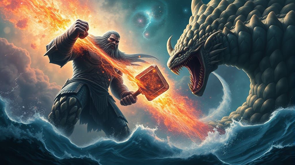 Colossal Titan Battles Cosmic Leviathan in Ocean Depths