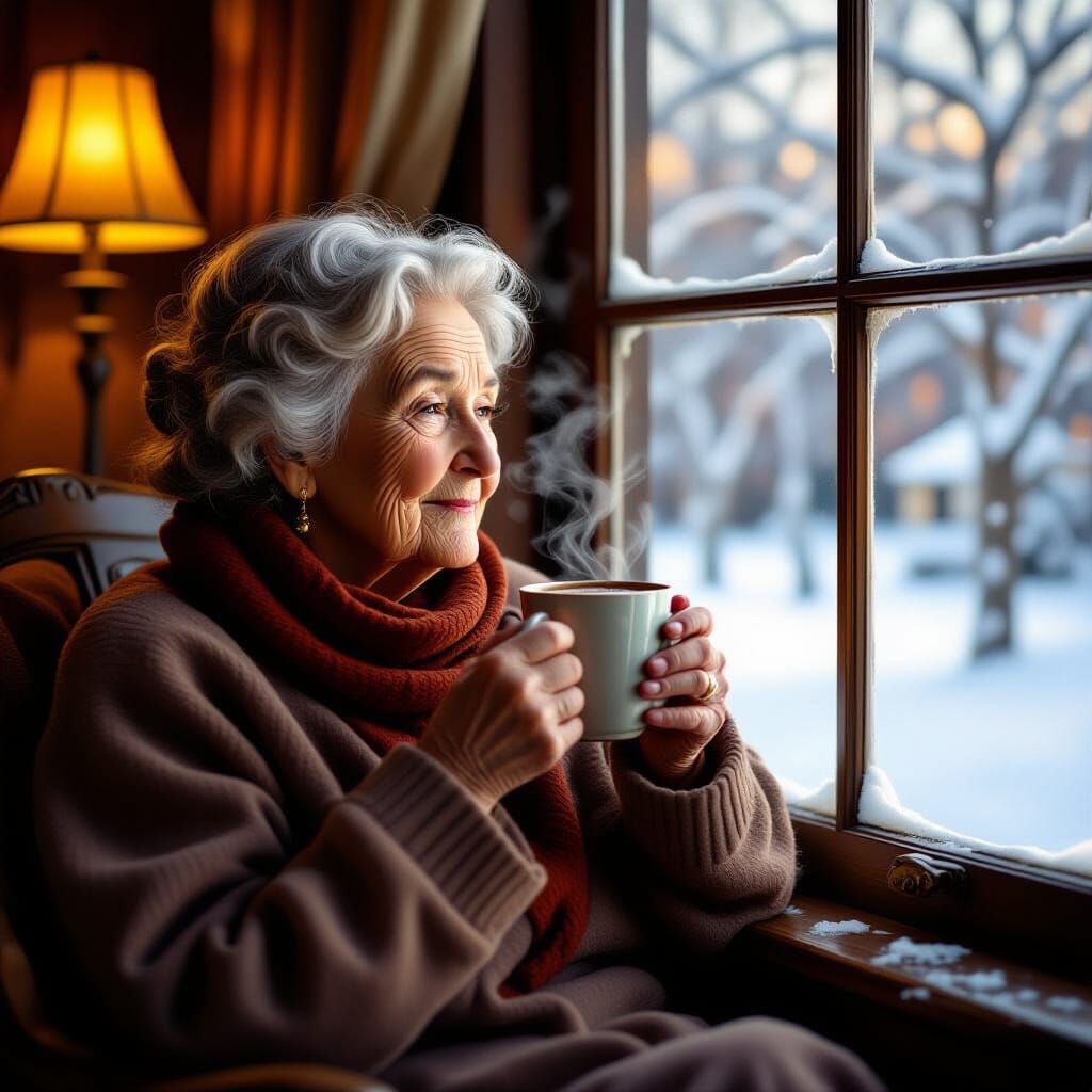 Cozy Winter Scene: Elderly Woman Sipping Cocoa by Window