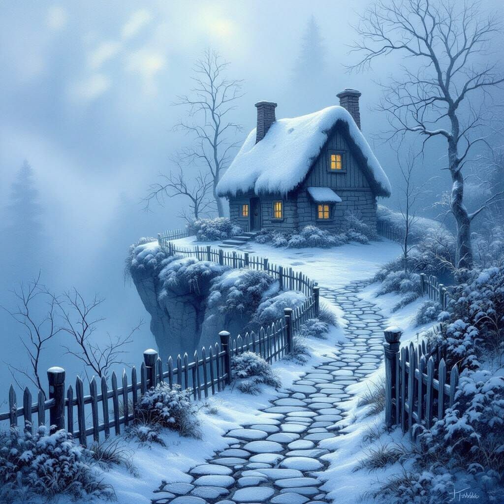 Snow-Dusted Ancient Hut in Foggy Forest Landscape