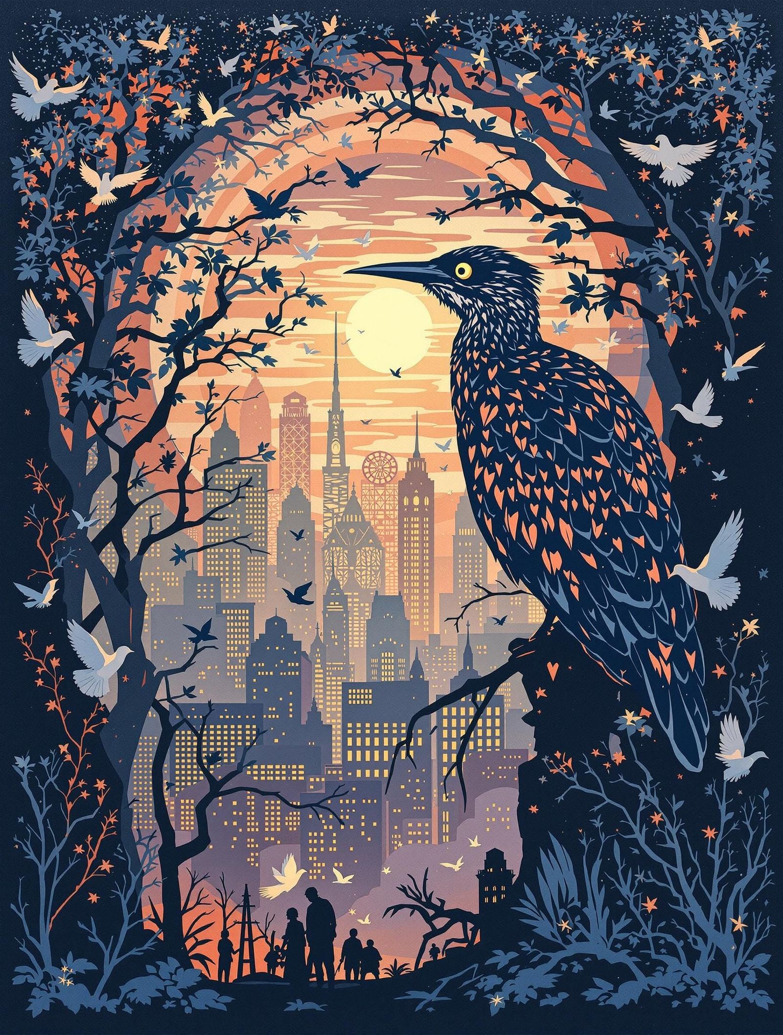 Elegiac Woodpecker in Twilight Metropolis