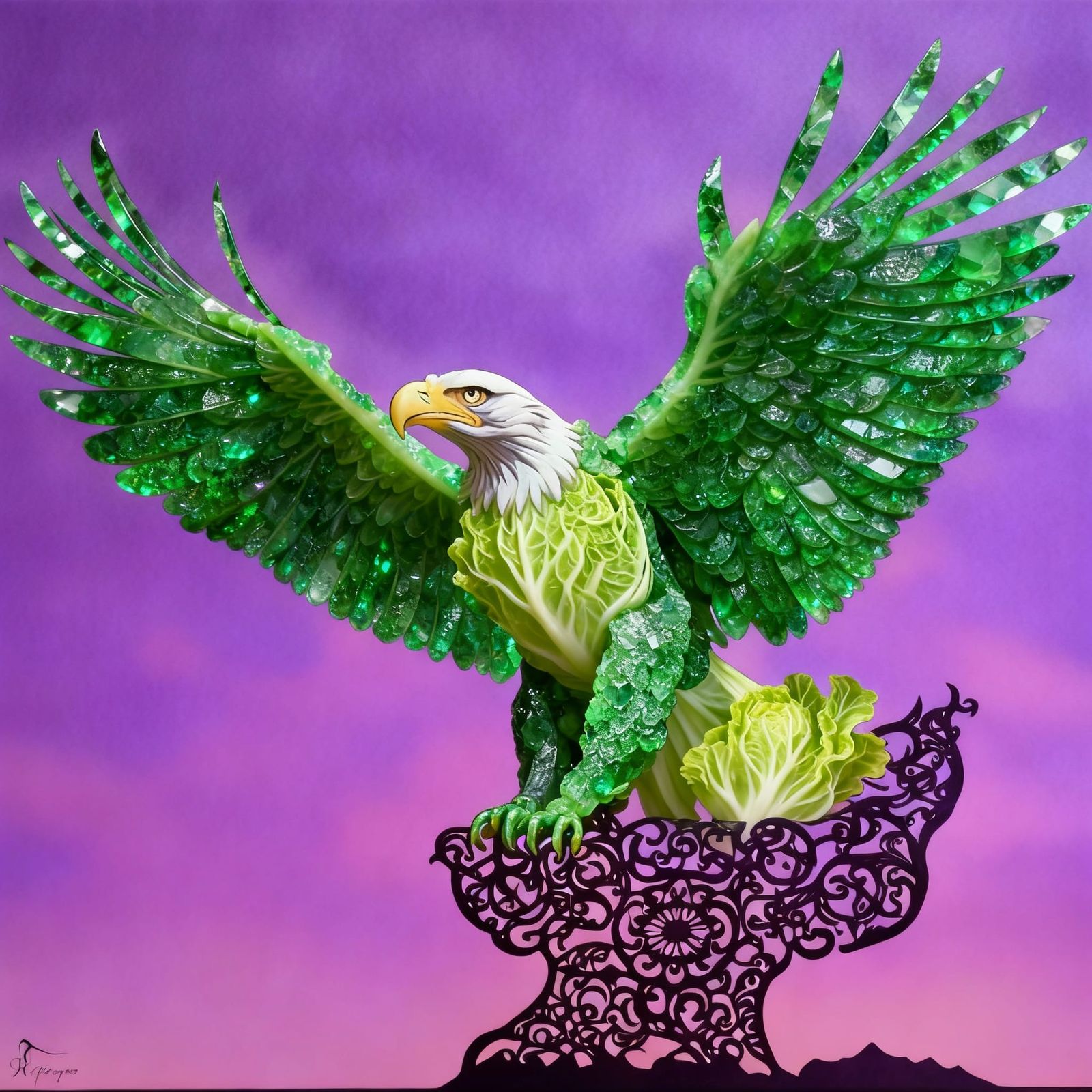 Eagle fused with emerald and endive.