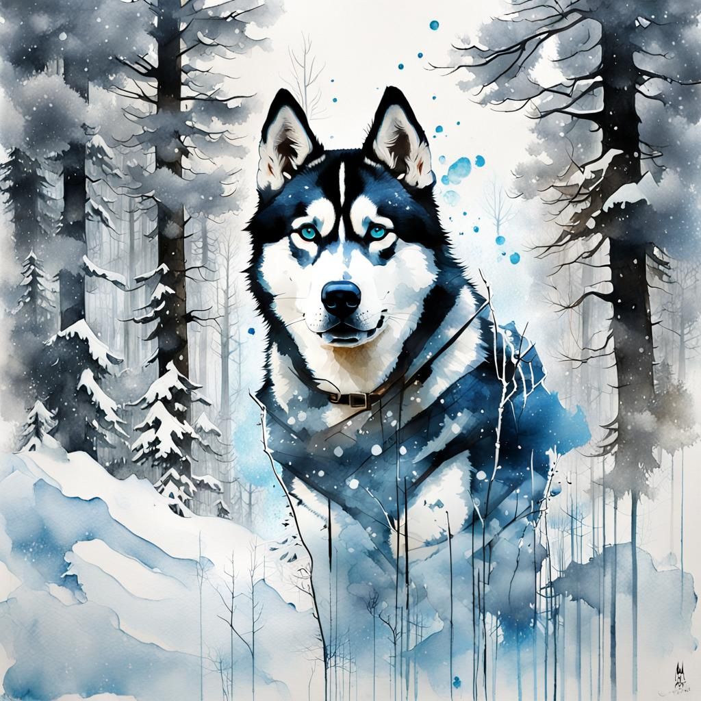 Husky Double Exposure Portrait in Watercolour Style