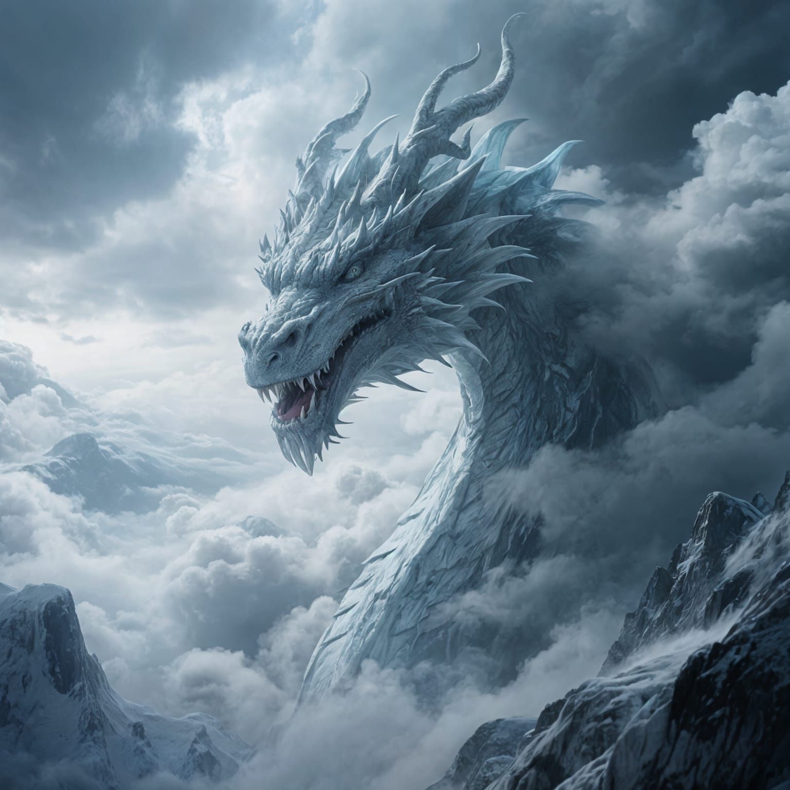 Giant Ice Dragon Emerges From Clouds in Cinematic Style