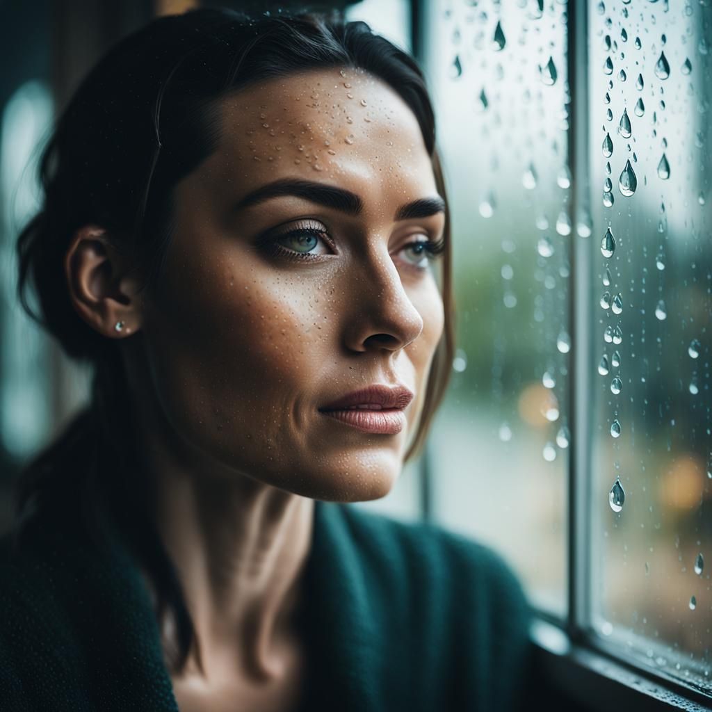 Emotive Woman in Rainy Window: Contemporary Portrait