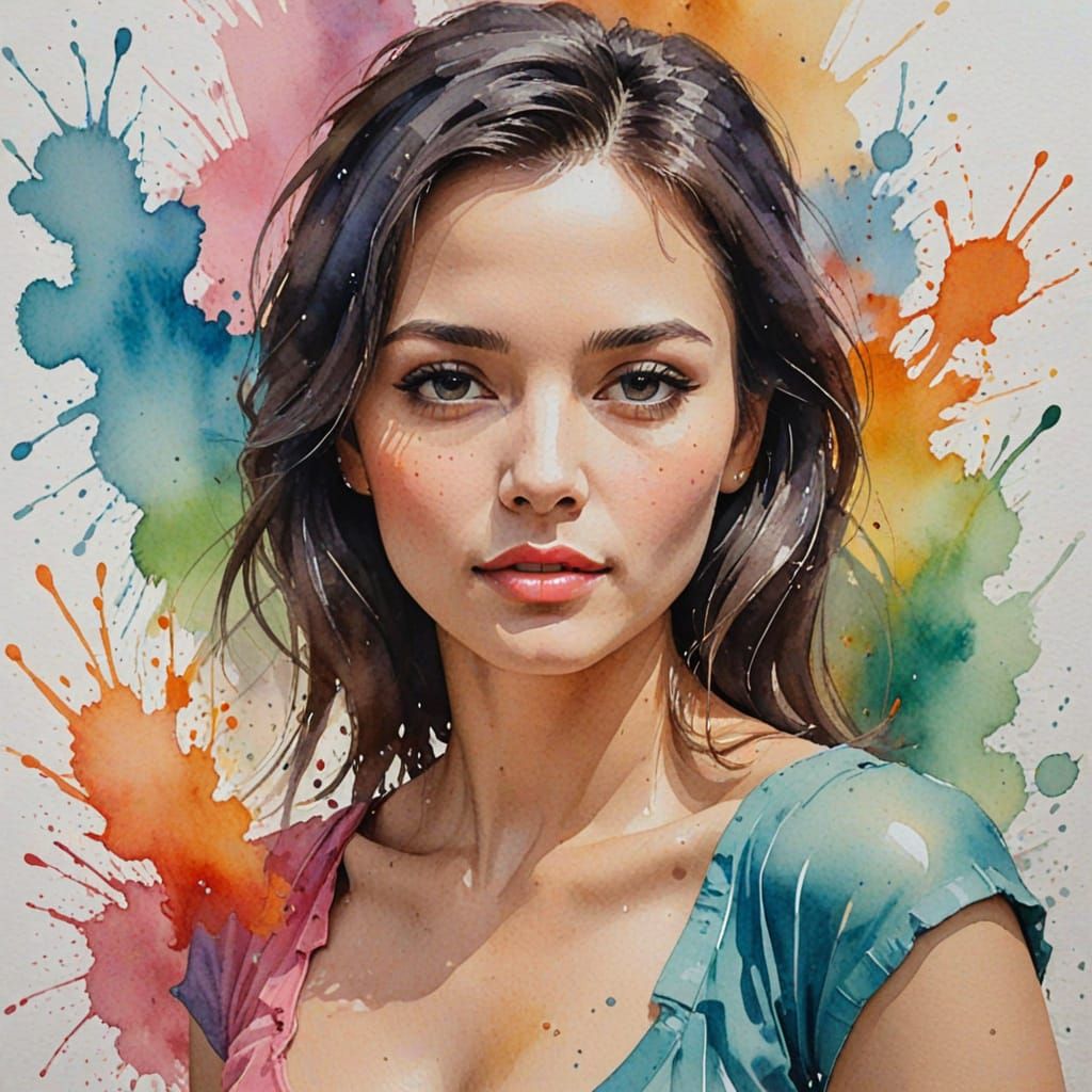 Watercolor Woman with Loose Brushstrokes and Color Splashes
