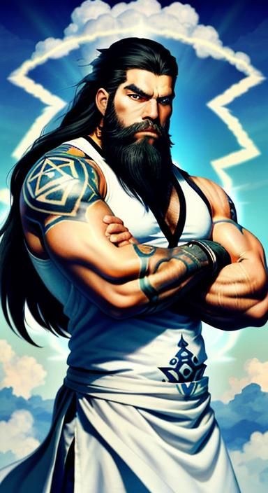 A very muscular man with a white beard and long hair, dressed in a white tunic. On one forearm he has a tattoo depicting...