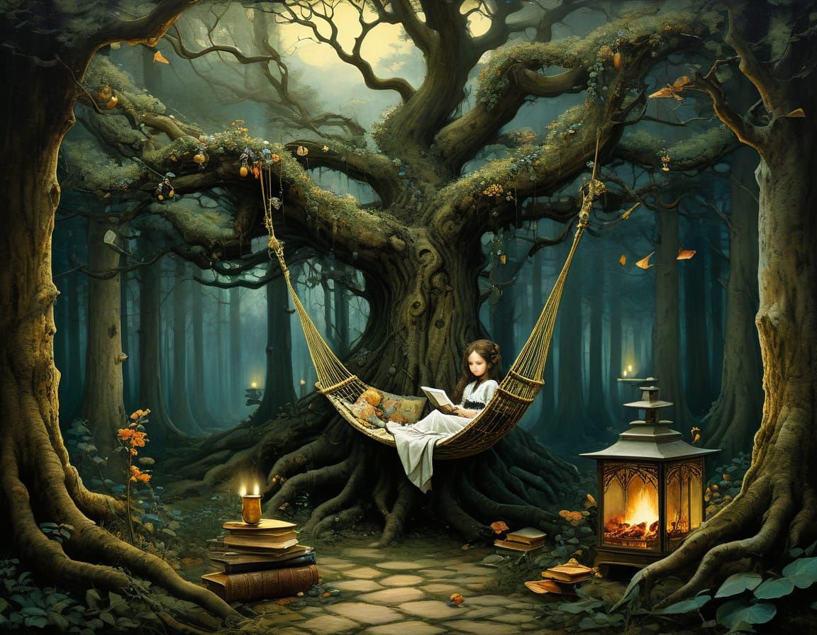 Cozy Tree Interior with Books and Fireplace