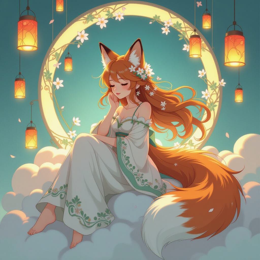 Fox Girl Sleeping on Cloud, Art Nouveau Anime