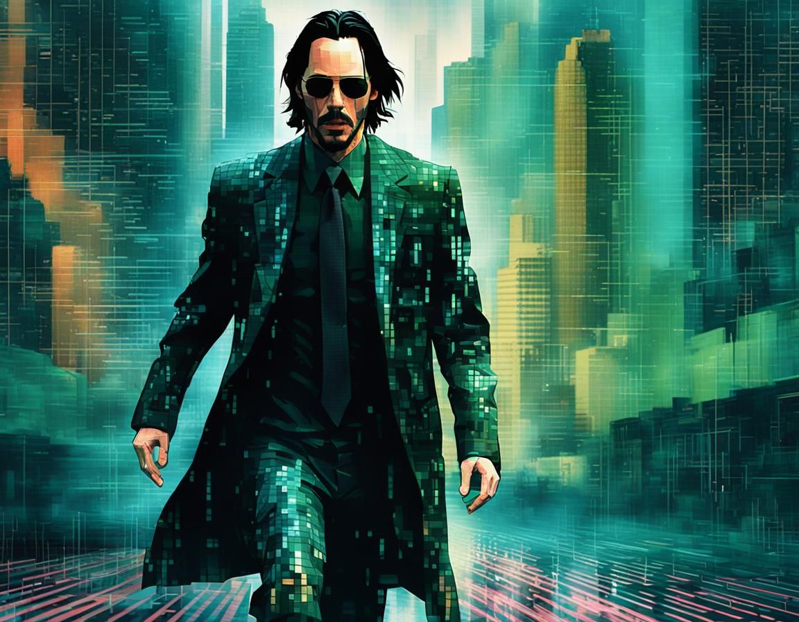 Neo Runs Through Matrix in Glitchcore Pixel Art