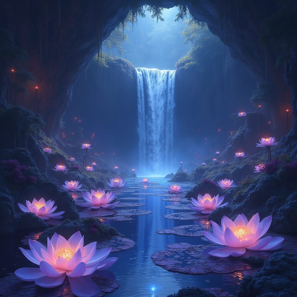 Bioluminescent Lotus Grotto: A Digital Painting