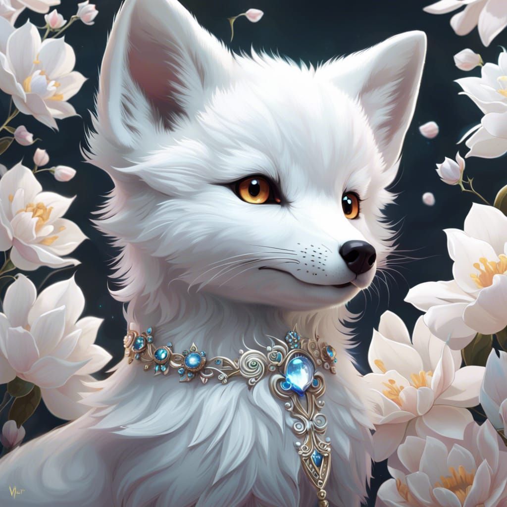 Cute White Fox Puppy in Digital Rococo Art