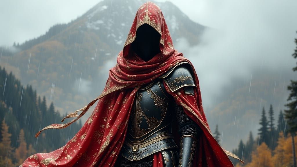 Faceless Knight in Red Cape on Misty Mountain