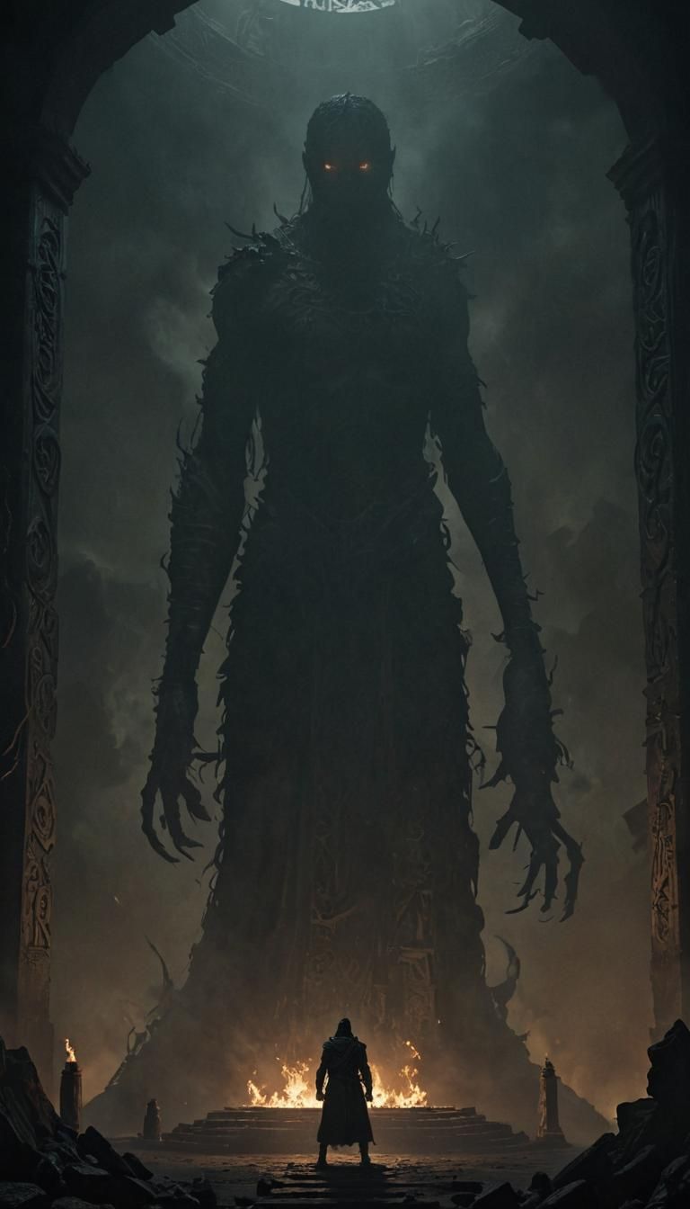 Silent Doom in Ruined Temple: Dark Fantasy Art