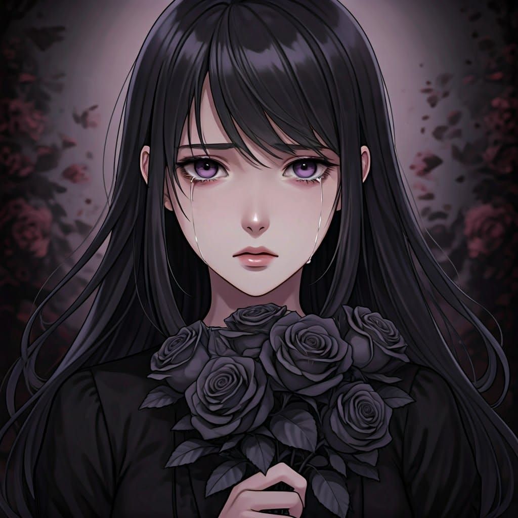 Sorrowful Anime Woman Amidst Dark Bloom
